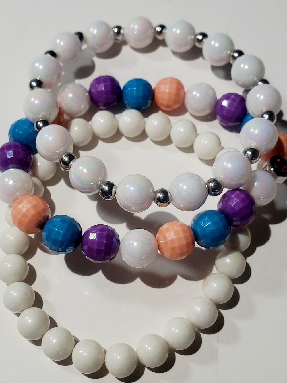 White Beaded Stretch Bracelet Set with Blue, Purple & Peach Accent Beads